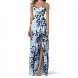 NEW Azazie A-Line Pleated Chiffon Dress Formal Party Cocktail Blue Floral 0